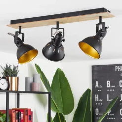 Plafonniertina Chrome, Bois Clair, Noir, 3 Lumieres