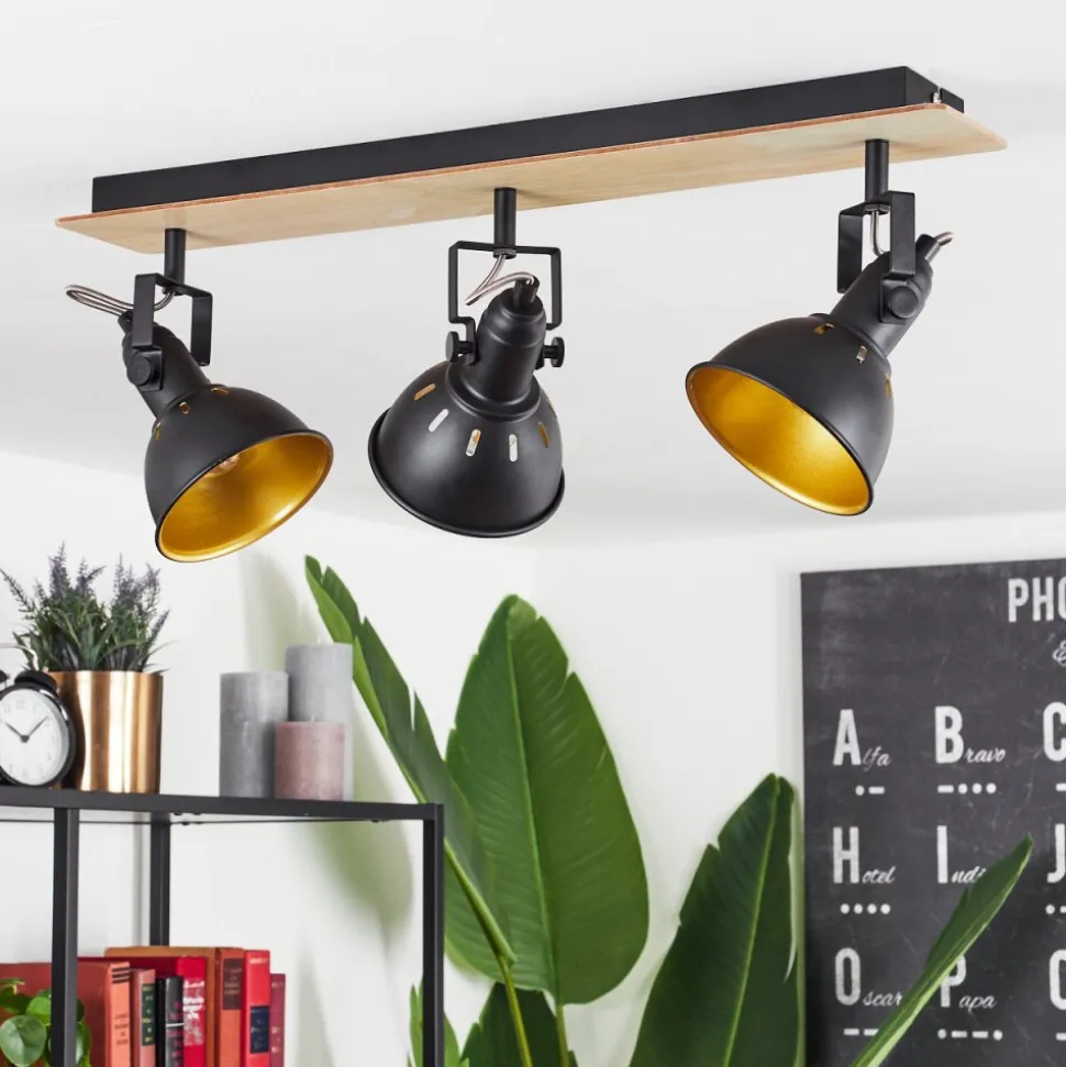 Plafonniertina Chrome, Bois Clair, Noir, 3 Lumieres