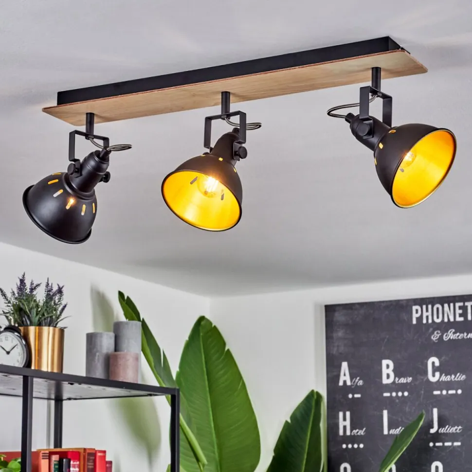 Plafonniertina Chrome, Bois Clair, Noir, 3 Lumieres