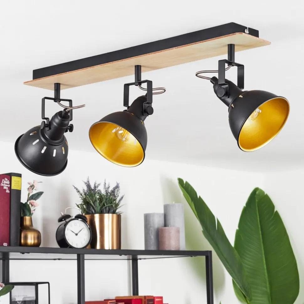 Plafonniertina Chrome, Bois Clair, Noir, 3 Lumieres