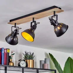 Plafonniertina Chrome, Bois Clair, Noir, 3 Lumieres