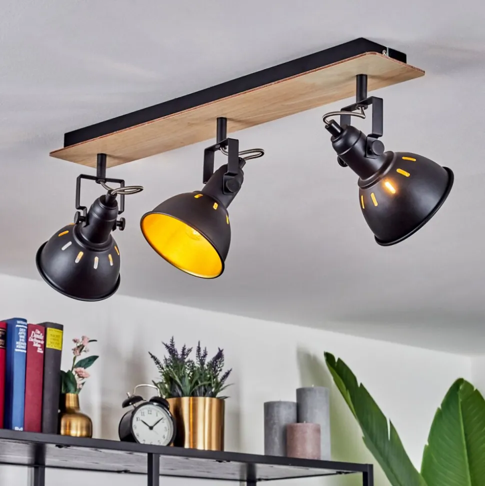 Plafonniertina Chrome, Bois Clair, Noir, 3 Lumieres