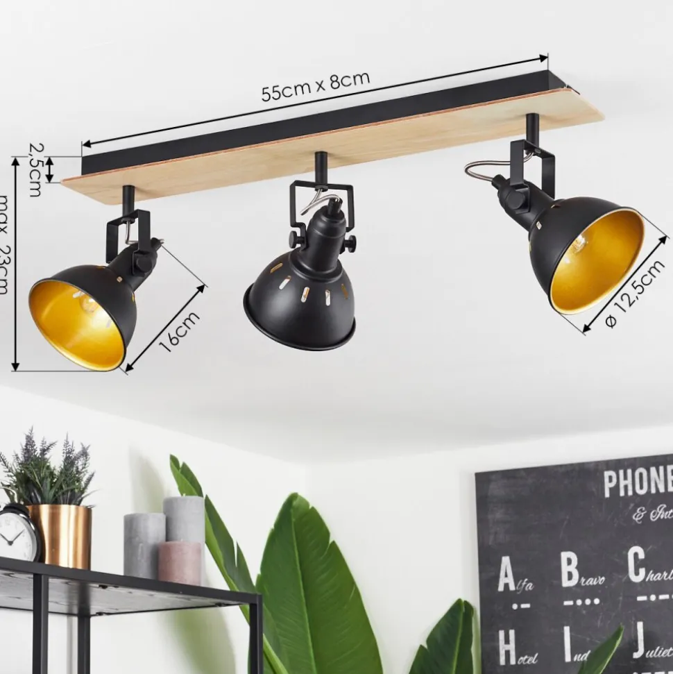 Plafonniertina Chrome, Bois Clair, Noir, 3 Lumieres