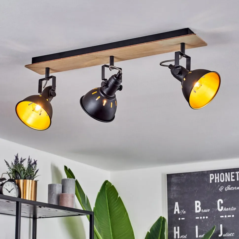 Plafonniertina Chrome, Bois Clair, Noir, 3 Lumieres