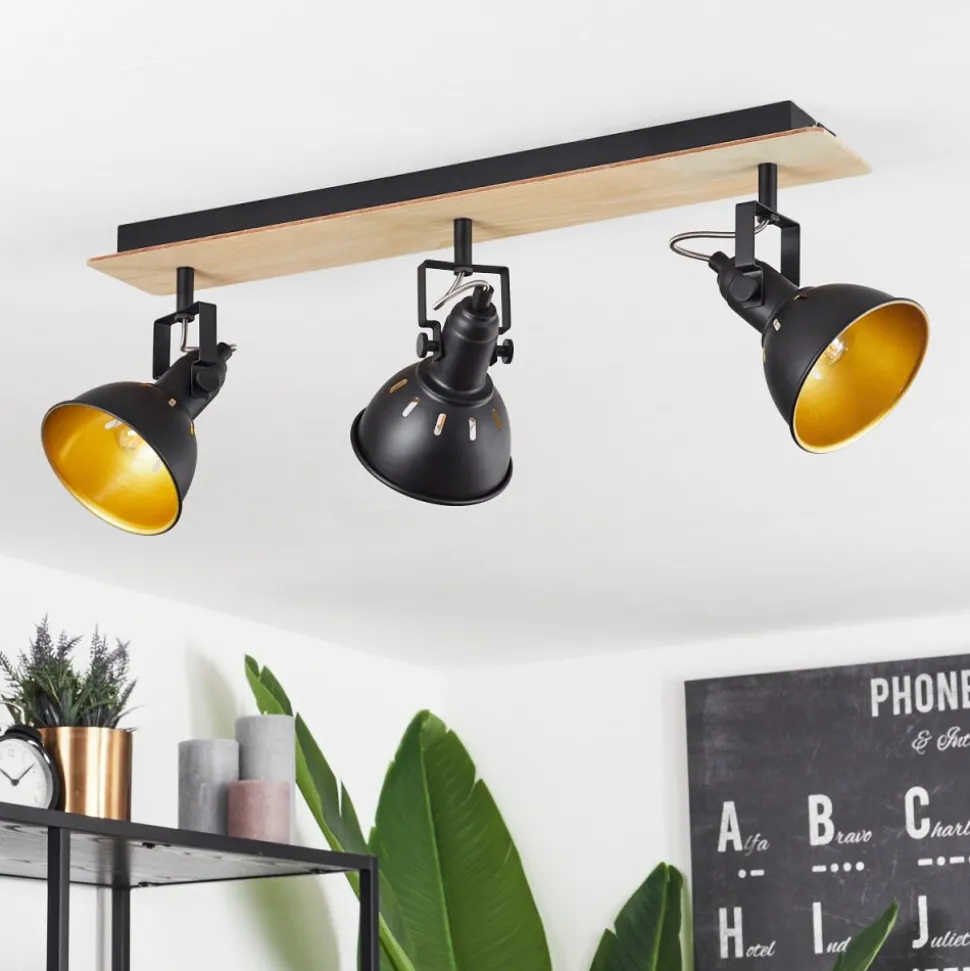 Plafonniertina Chrome, Bois Clair, Noir, 3 Lumieres