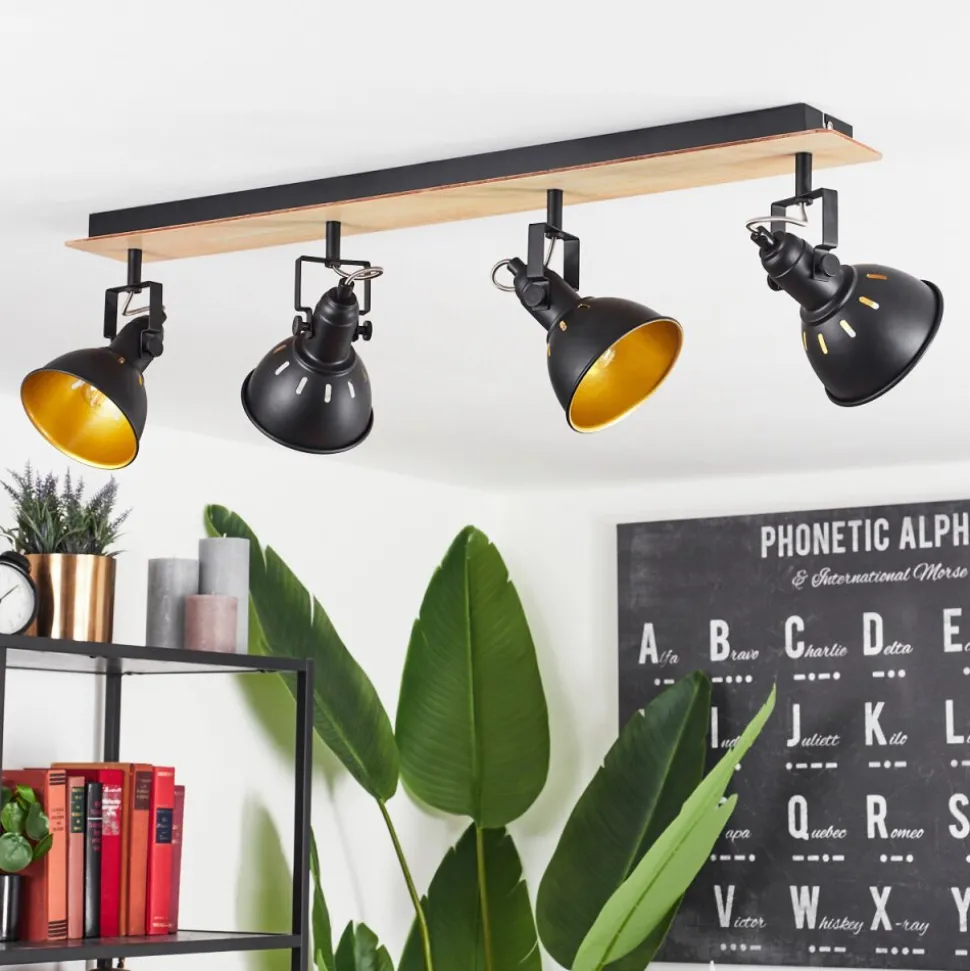 Plafonniertina Chrome, Bois Clair, Noir, 4 Lumieres