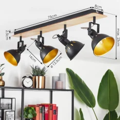 Plafonniertina Chrome, Bois Clair, Noir, 4 Lumieres