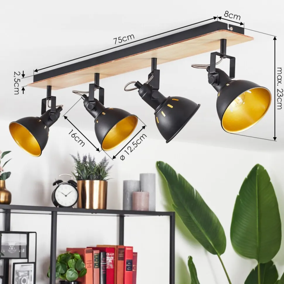 Plafonniertina Chrome, Bois Clair, Noir, 4 Lumieres