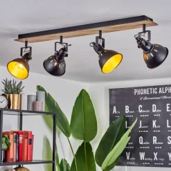 Plafonniertina Chrome, Bois Clair, Noir, 4 Lumieres