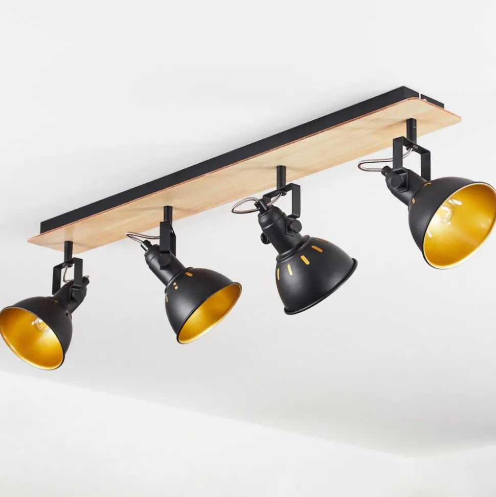 Plafonniertina Chrome, Bois Clair, Noir, 4 Lumieres