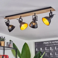 Plafonniertina Chrome, Bois Clair, Noir, 4 Lumieres