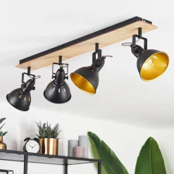 Plafonniertina Chrome, Bois Clair, Noir, 4 Lumieres