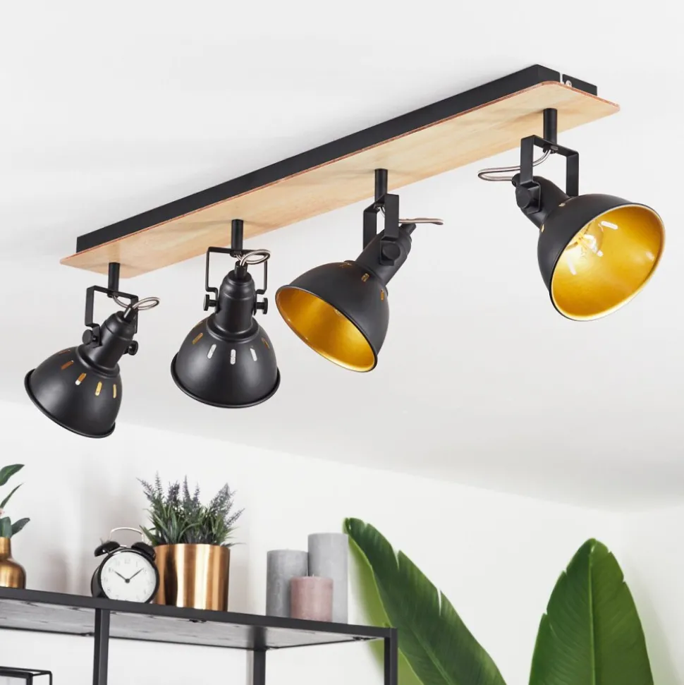 Plafonniertina Chrome, Bois Clair, Noir, 4 Lumieres