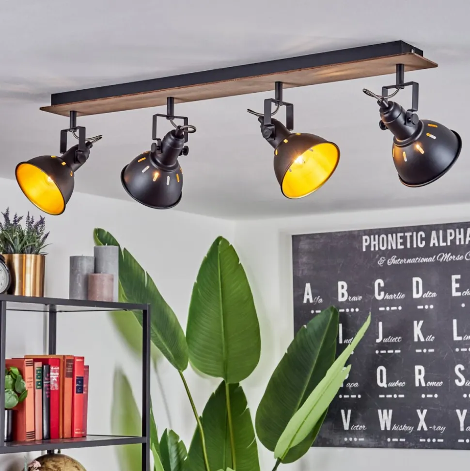 Plafonniertina Chrome, Bois Fonce, Noir, 4 Lumieres