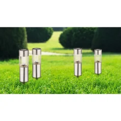 Set De Bornes Lumineuses Solaires Globo Led Acier Inoxydable, 4 Lumieres