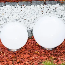 Set De Boules Lumineuses Solaires Led Acier Inoxydable, 2 Lumieres