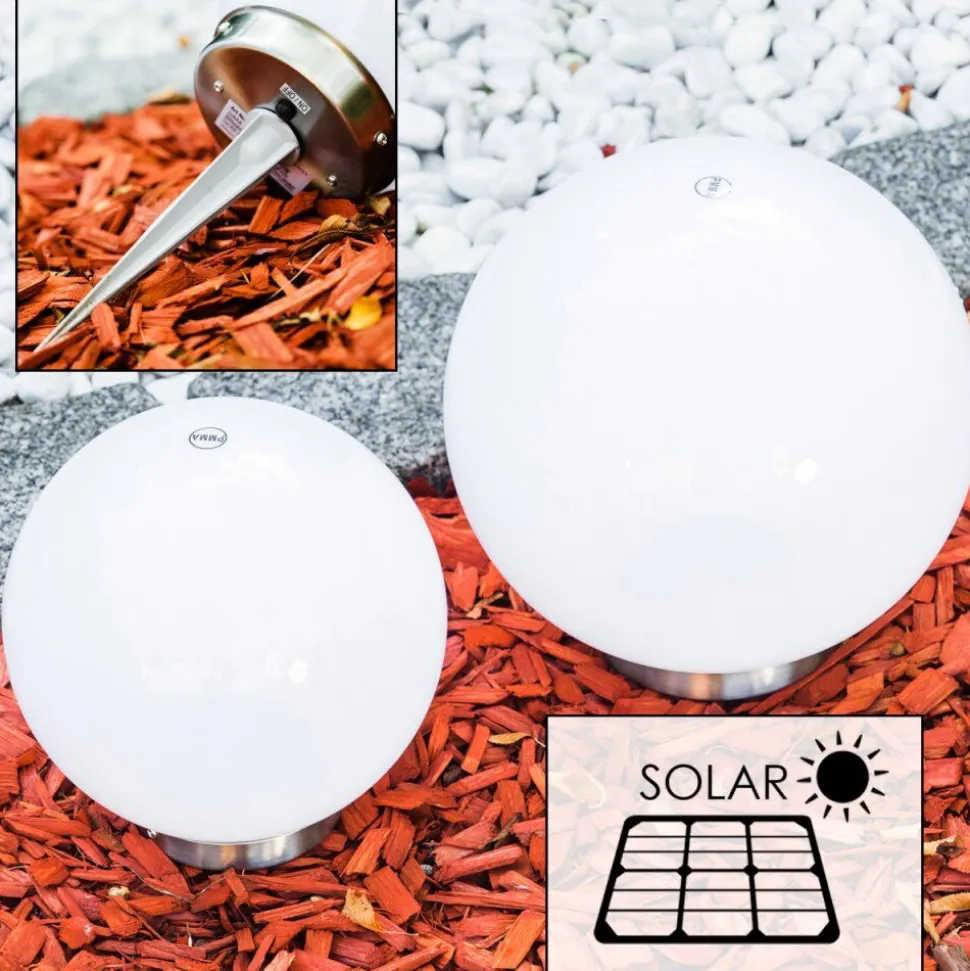 Set De Boules Lumineuses Solaires Led Acier Inoxydable, 2 Lumieres