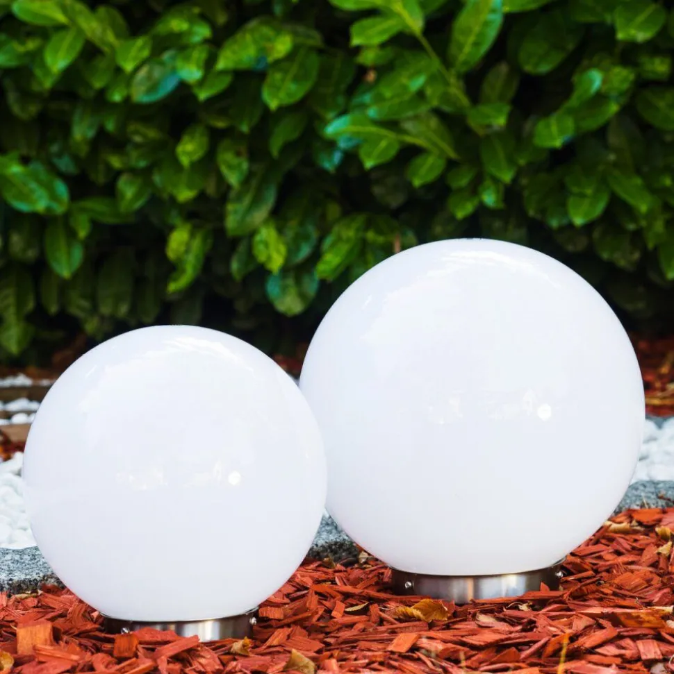 Set De Boules Lumineuses Solaires Led Acier Inoxydable, 2 Lumieres
