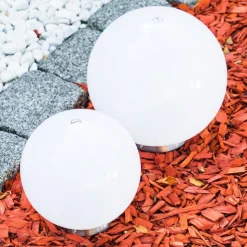 Set De Boules Lumineuses Solaires Led Acier Inoxydable, 2 Lumieres