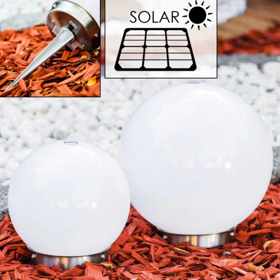 Set De Boules Lumineuses Solaires Led Acier Inoxydable, 2 Lumieres