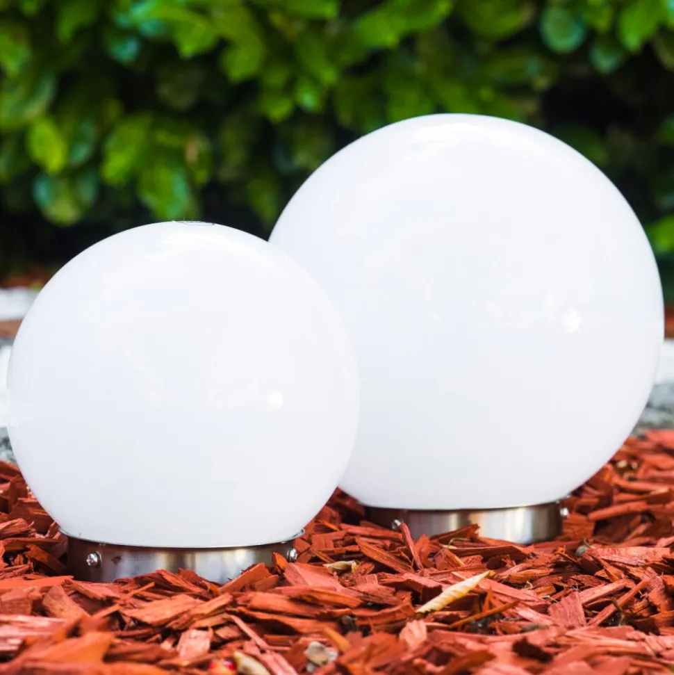 Set De Boules Lumineuses Solaires Led Acier Inoxydable, 2 Lumieres