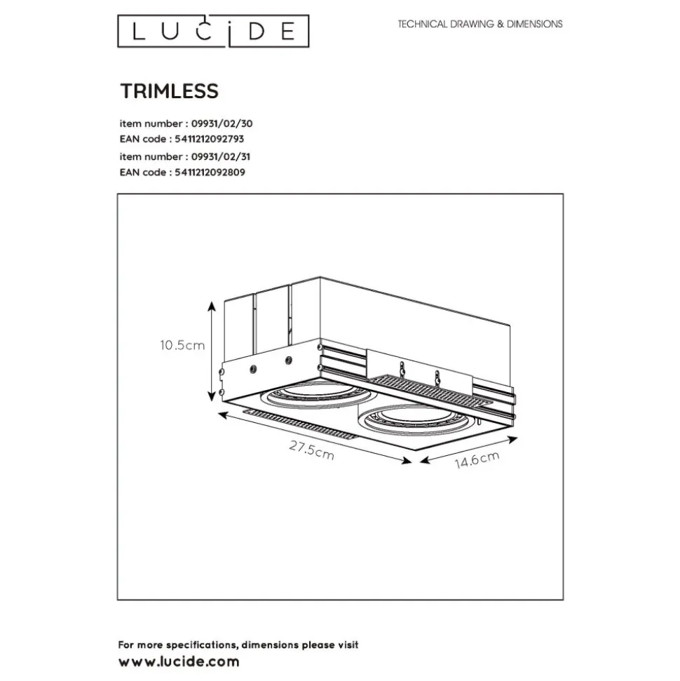 Spot Encastrable Lucide Trimless Noir, 2 Lumieres