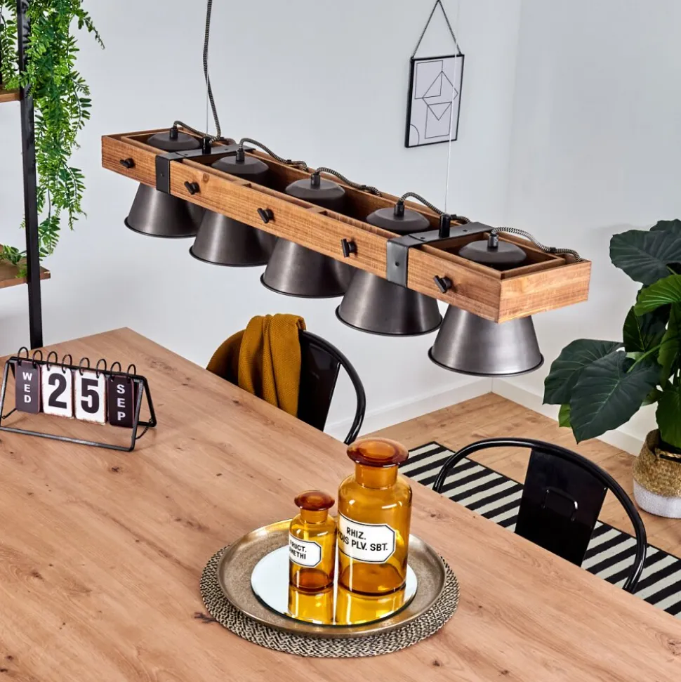 Suspension Aduard Bois Fonce, Noir, 5 Lumieres