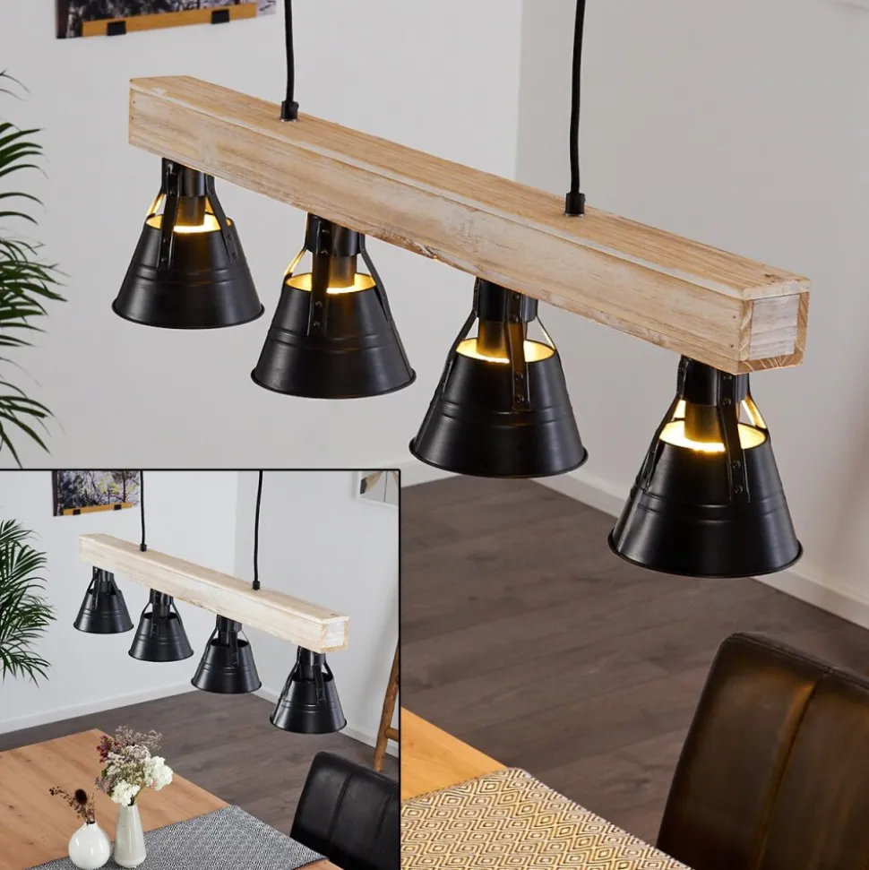 Suspension Berkeley Bois Clair, Noir, 4 Lumieres