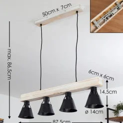 Suspension Berkeley Bois Clair, Noir, 4 Lumieres