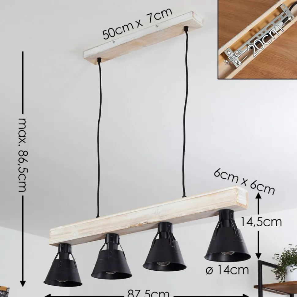 Suspension Berkeley Bois Clair, Noir, 4 Lumieres
