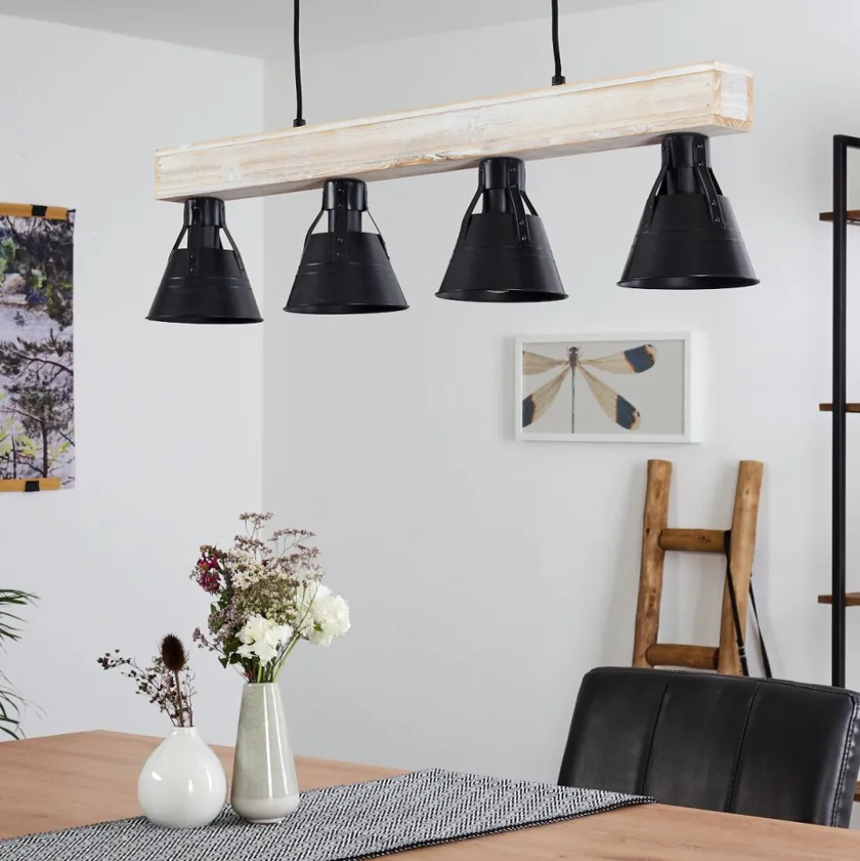 Suspension Berkeley Bois Clair, Noir, 4 Lumieres