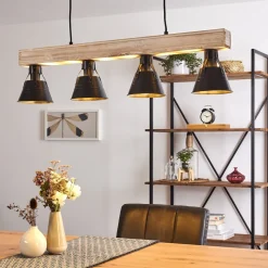Suspension Berkeley Bois Clair, Noir, 4 Lumieres