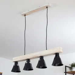 Suspension Berkeley Bois Clair, Noir, 4 Lumieres