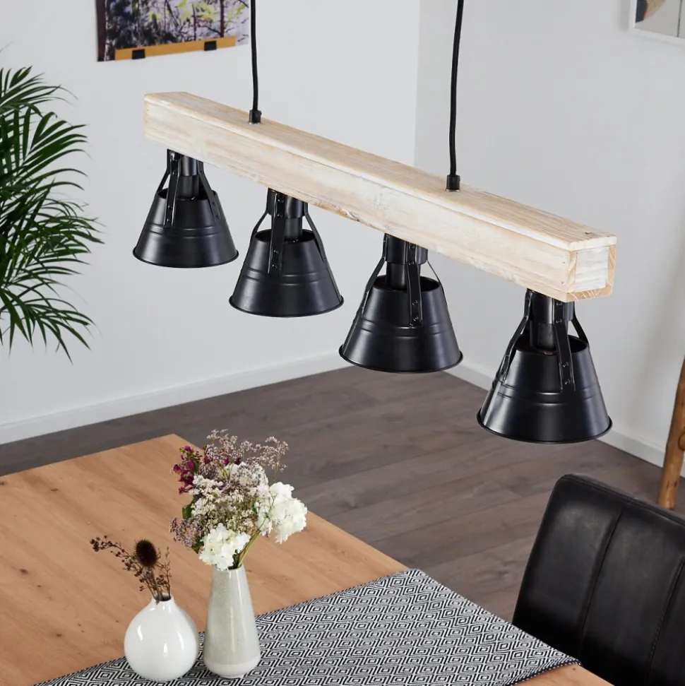 Suspension Berkeley Bois Clair, Noir, 4 Lumieres