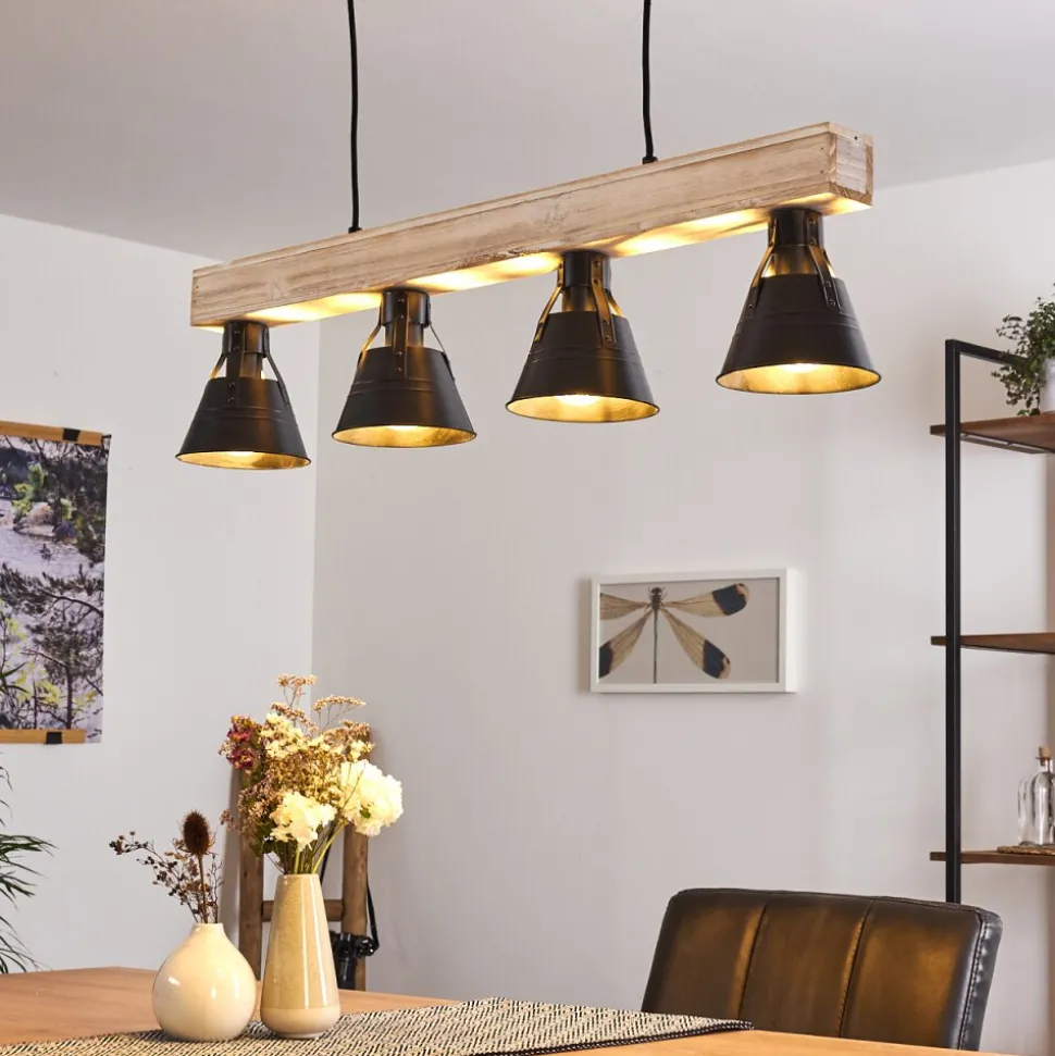 Suspension Berkeley Bois Clair, Noir, 4 Lumieres