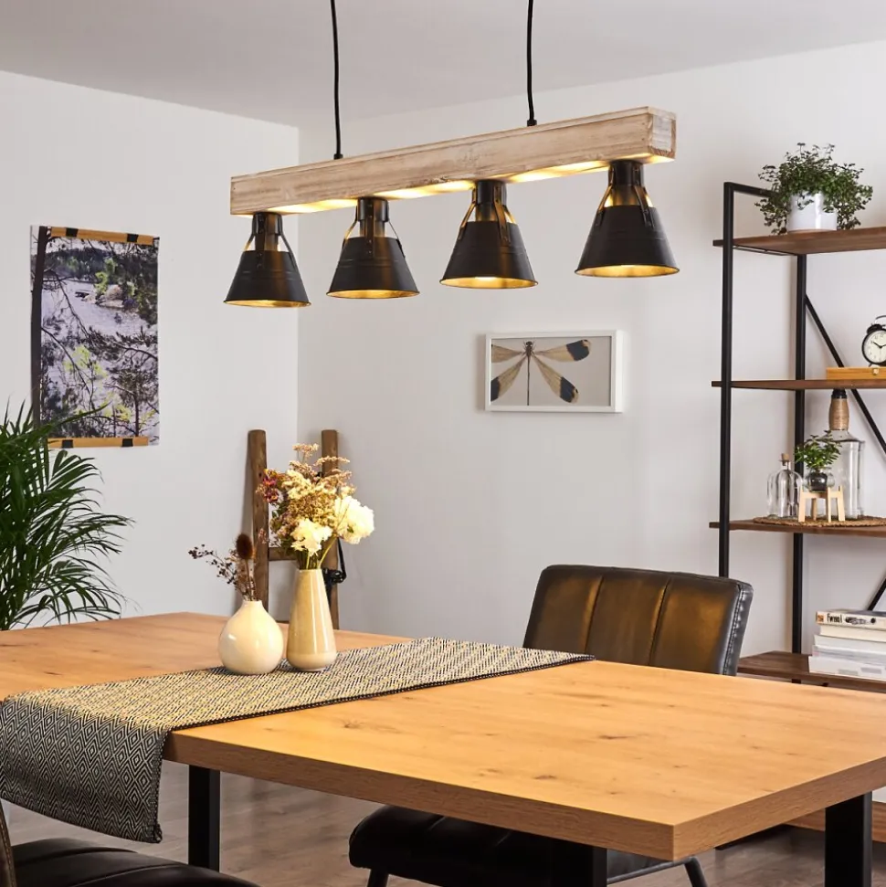 Suspension Berkeley Bois Clair, Noir, 4 Lumieres