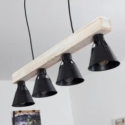 Suspension Berkeley Bois Clair, Noir, 4 Lumieres