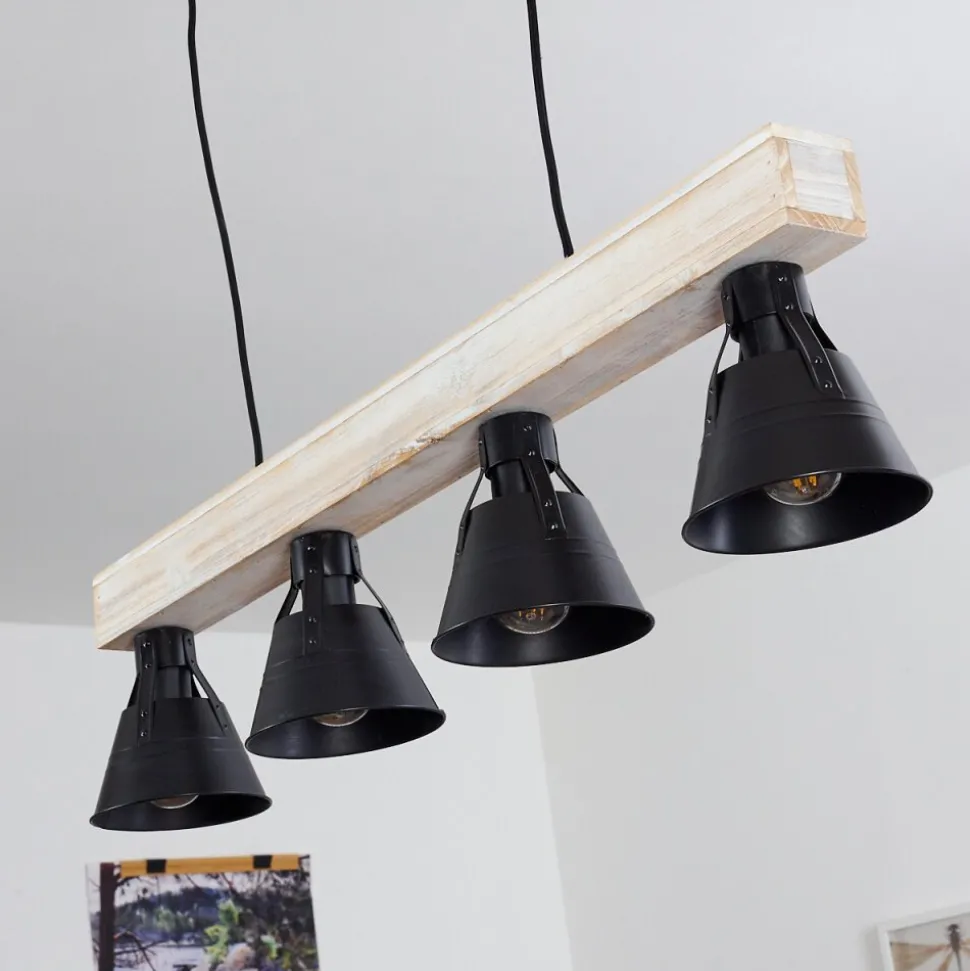 Suspension Berkeley Bois Clair, Noir, 4 Lumieres