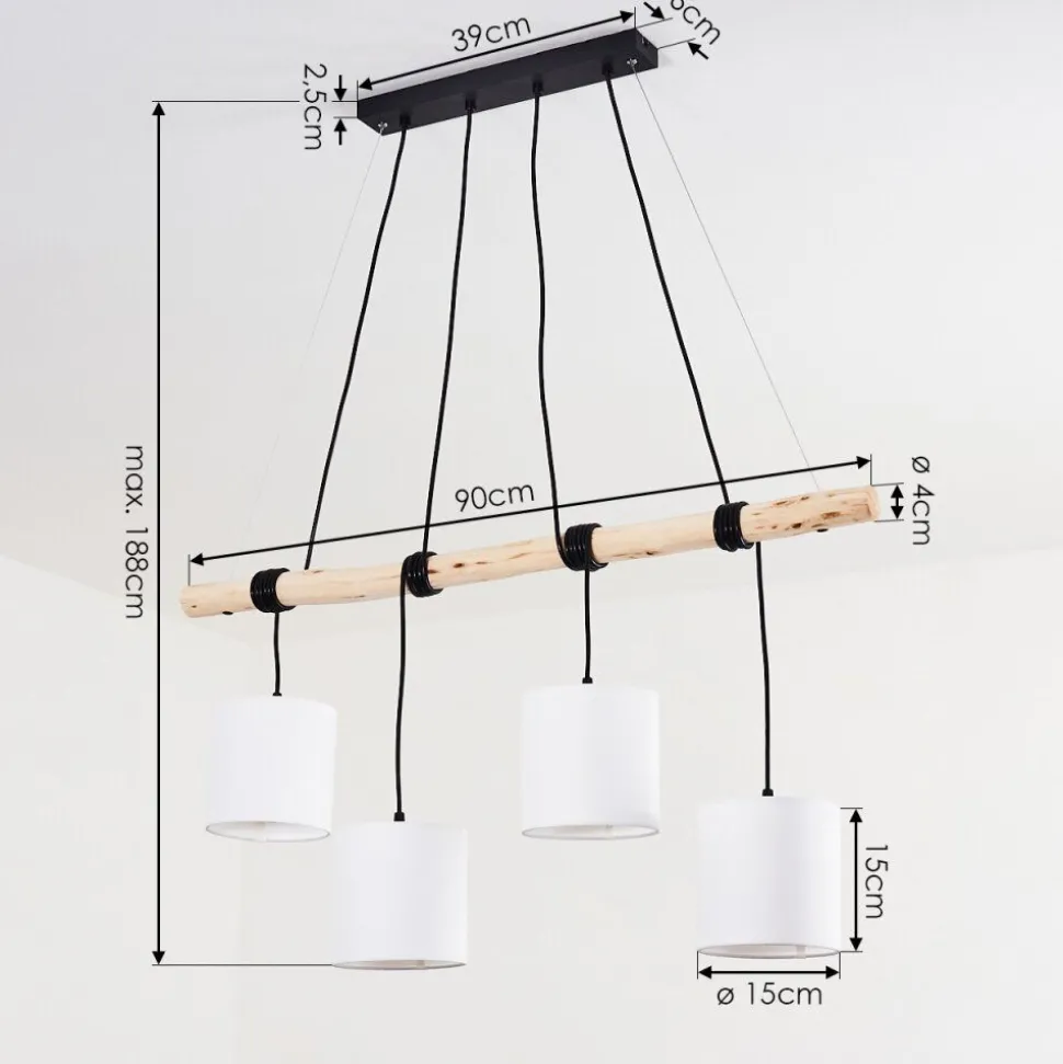 Suspension Betsele Bois Clair, Noir, 4 Lumieres