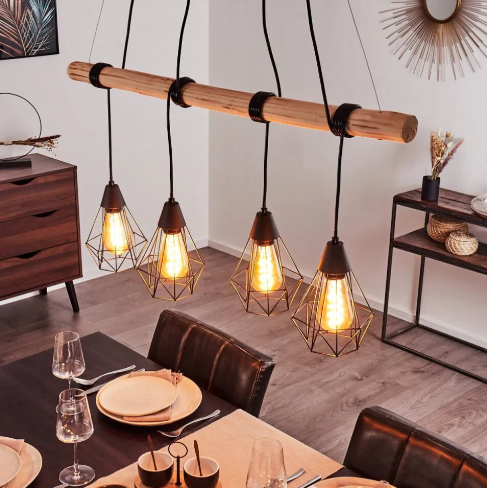 Suspension Betsele Bois Clair, Noir, 4 Lumieres