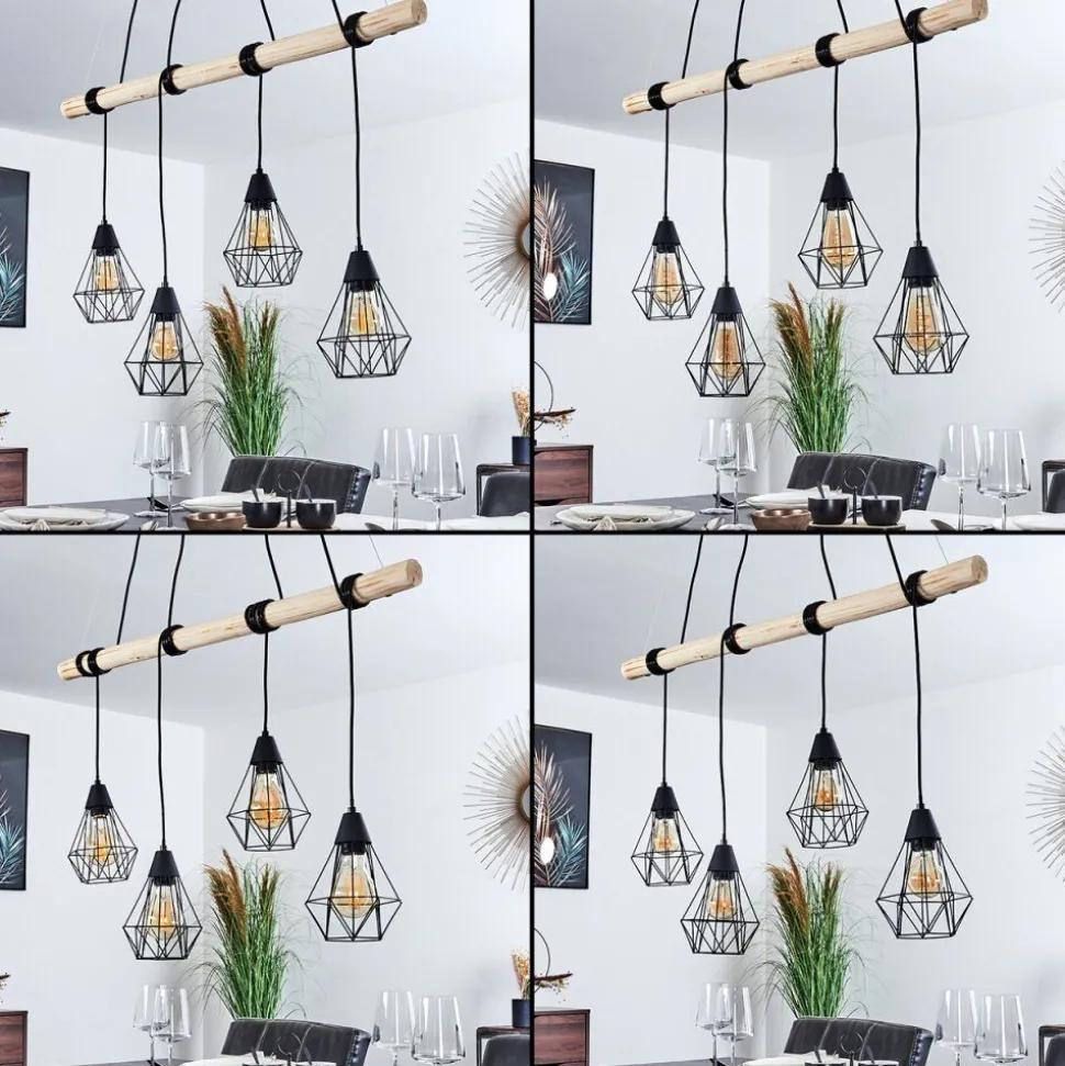 Suspension Betsele Bois Clair, Noir, 4 Lumieres