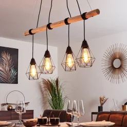 Suspension Betsele Bois Clair, Noir, 4 Lumieres