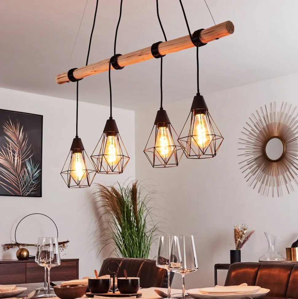 Suspension Betsele Bois Clair, Noir, 4 Lumieres