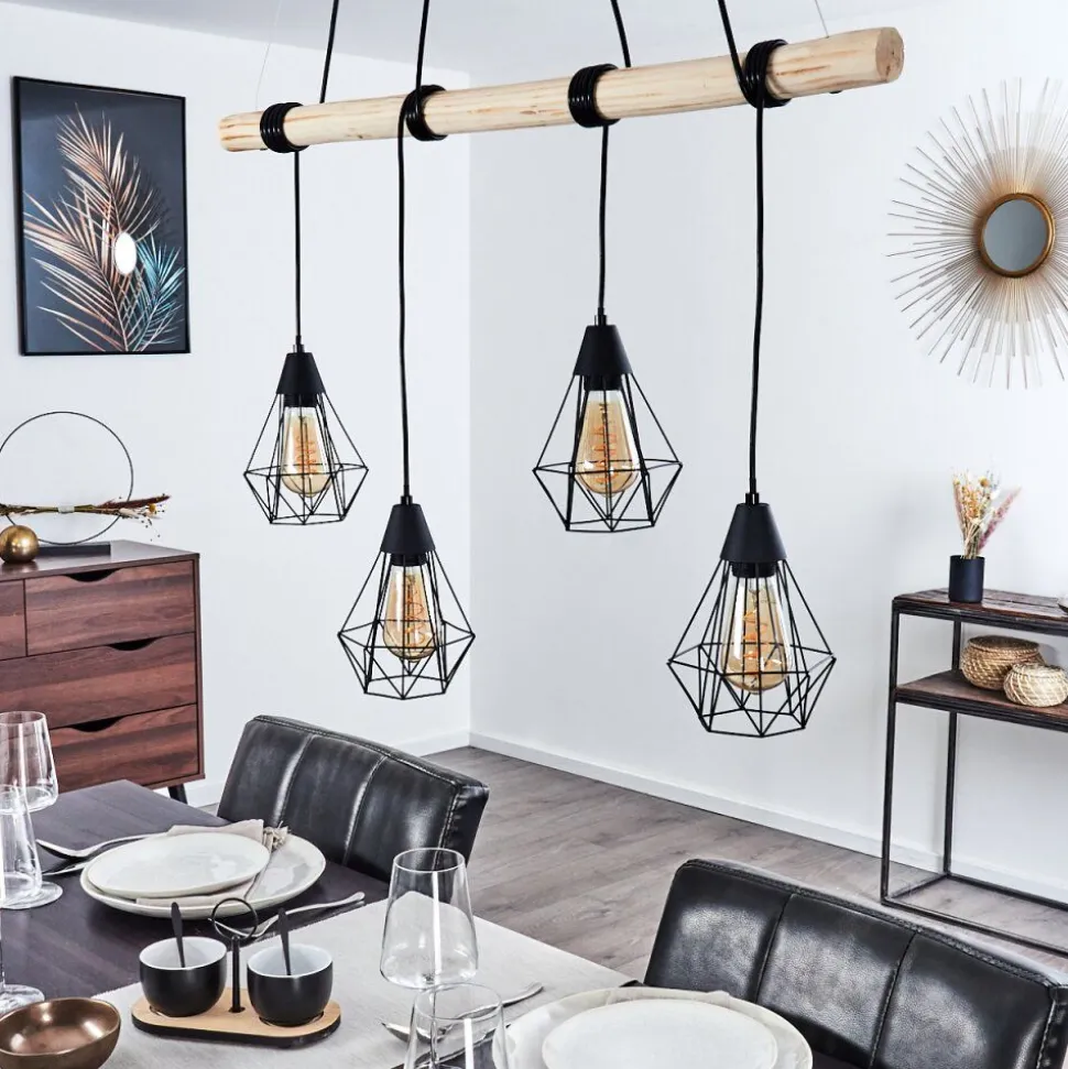 Suspension Betsele Bois Clair, Noir, 4 Lumieres