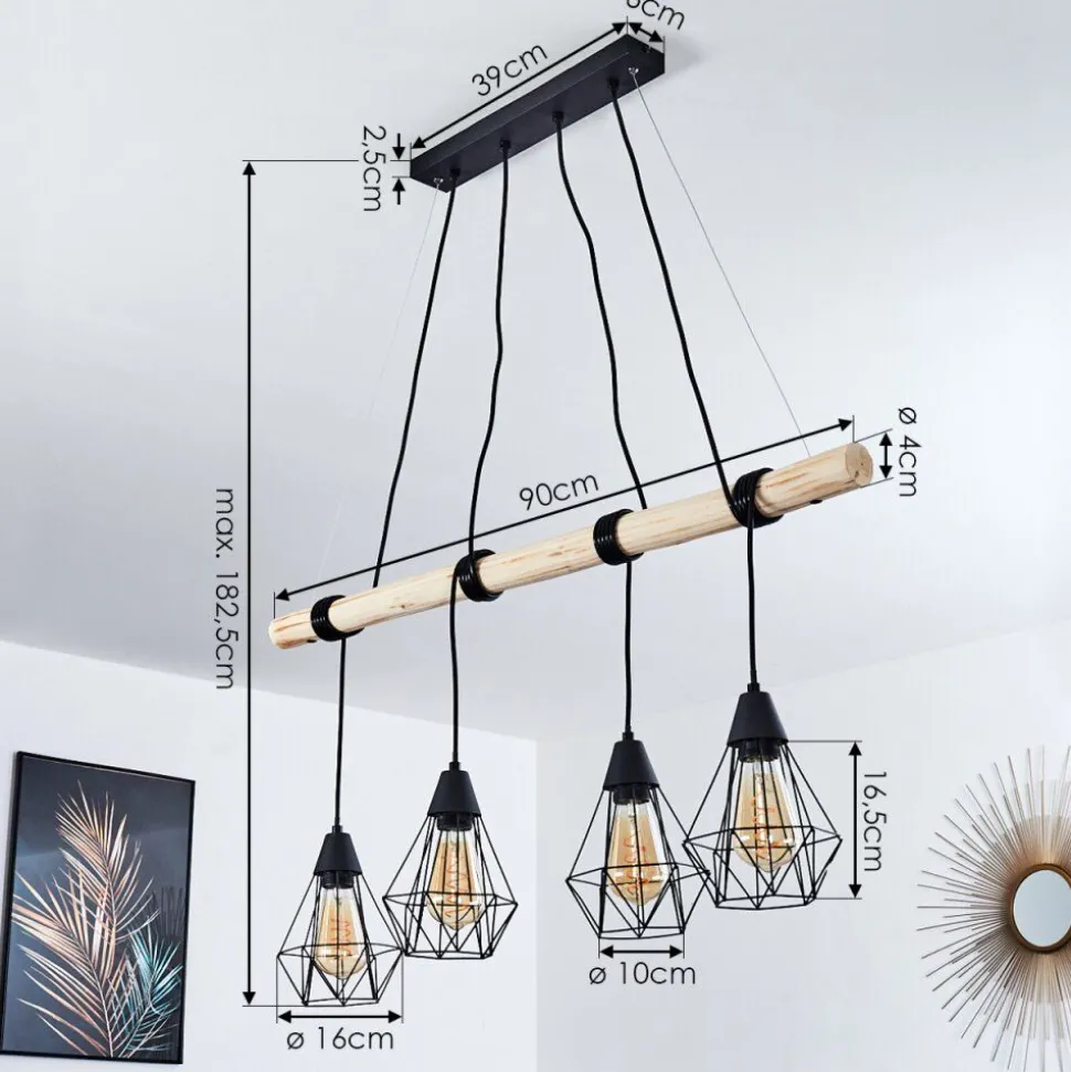 Suspension Betsele Bois Clair, Noir, 4 Lumieres
