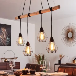 Suspension Betsele Bois Clair, Noir, 4 Lumieres