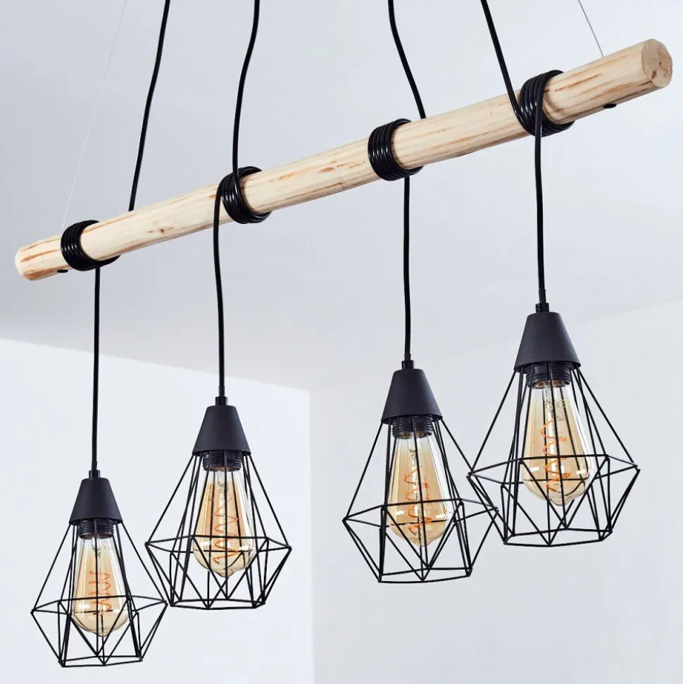 Suspension Betsele Bois Clair, Noir, 4 Lumieres