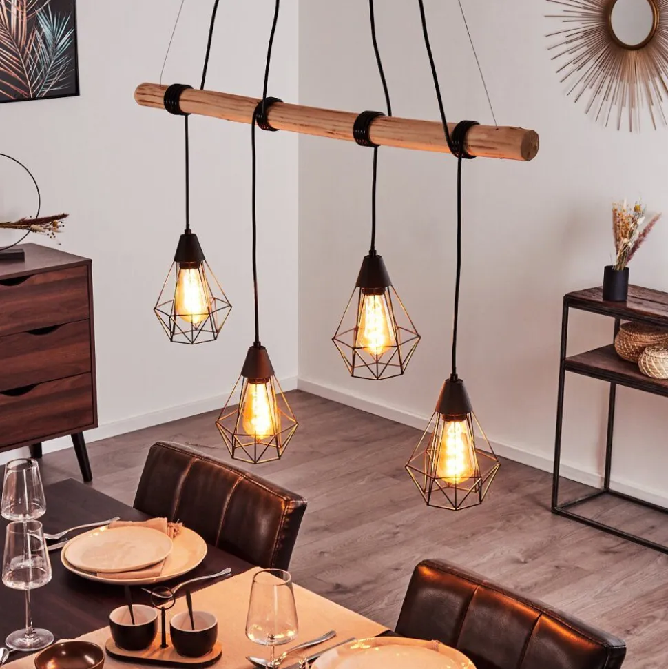 Suspension Betsele Bois Clair, Noir, 4 Lumieres