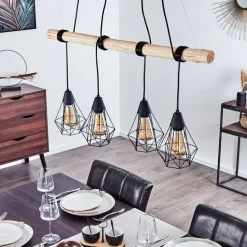 Suspension Betsele Bois Clair, Noir, 4 Lumieres