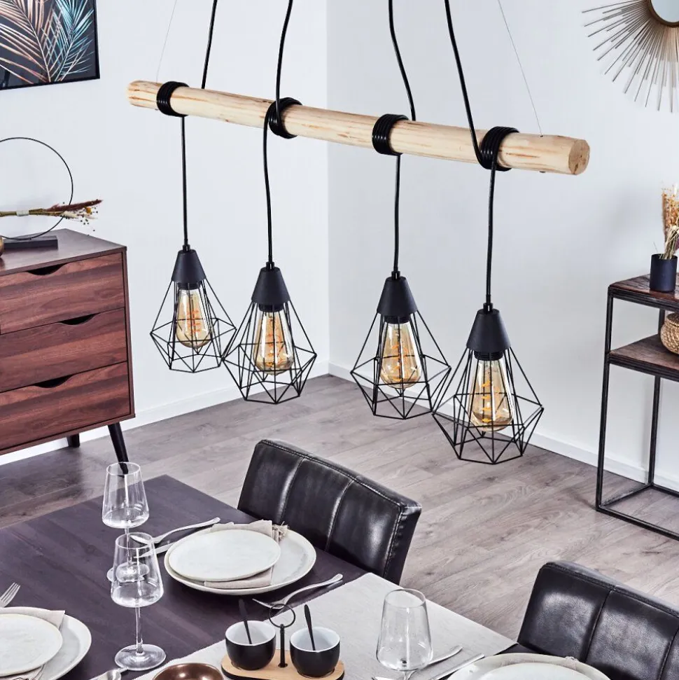 Suspension Betsele Bois Clair, Noir, 4 Lumieres